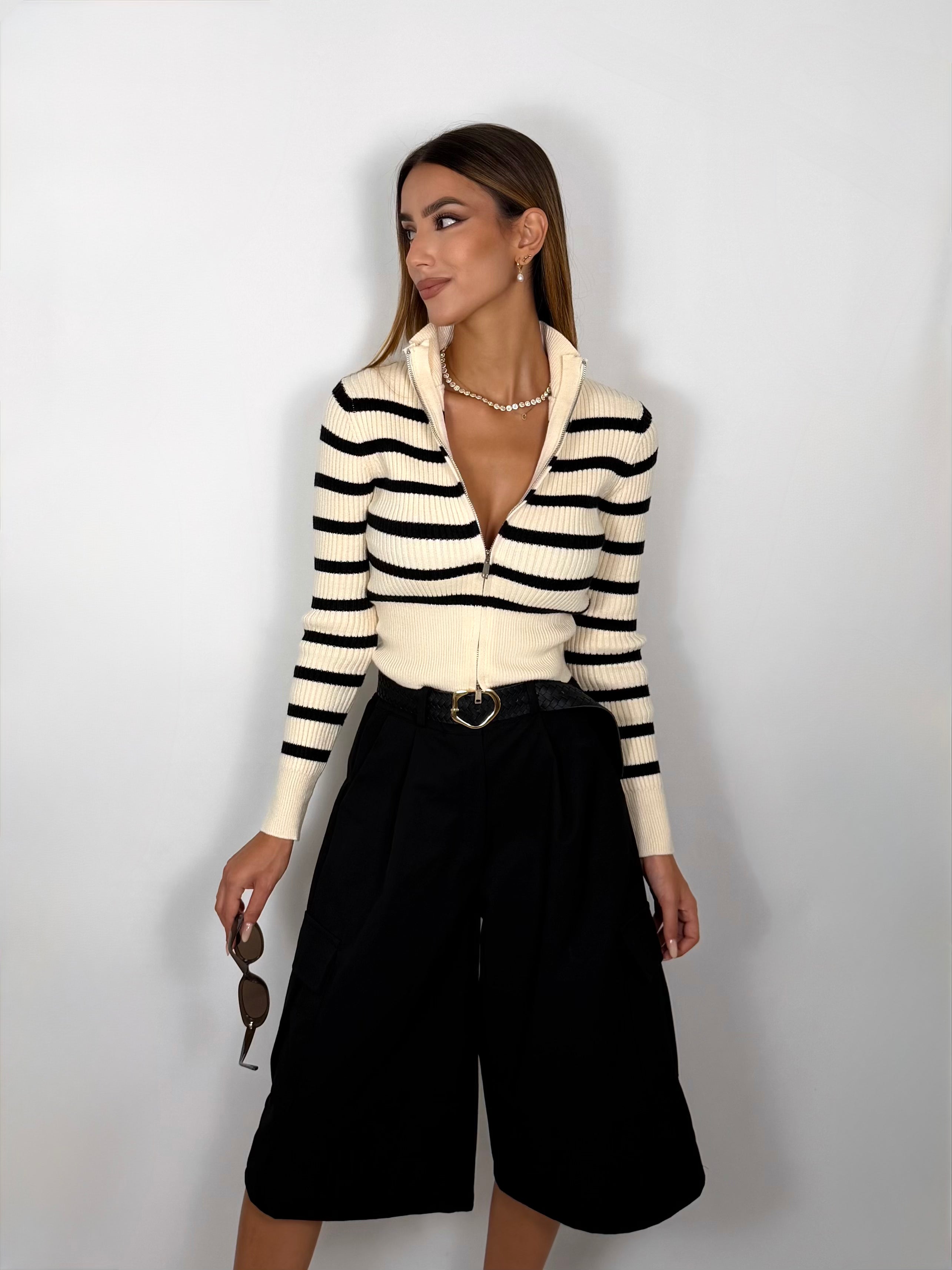 Pull Zip a righe - Crema